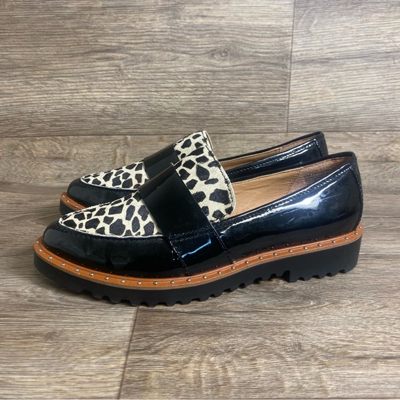 Halogen Leopard Calf Hair Chunky Studded Loafer Black Leather Animal Print W6 - Picture 1 of 6